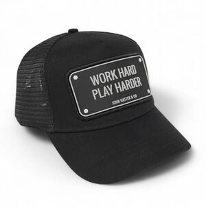 John Hatter & Co Work Hard Play Harder Trucker Hat Rubber Plaque Snapback NEW